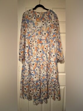 NWT Joie Sz Large Light Blue Floral Tiered Dress with White & Orange Accents